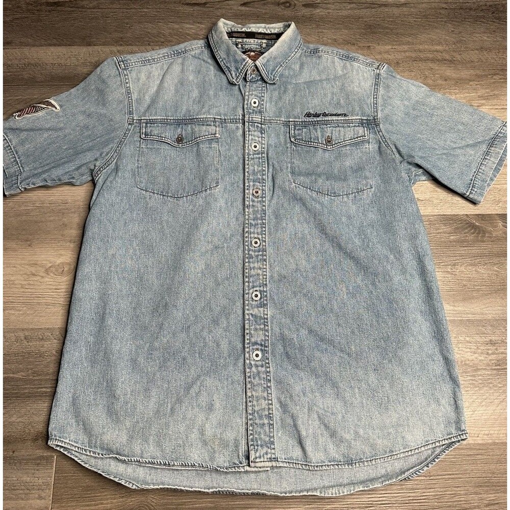 Harley Davidson Mens Large Blue Denim Embroidered Shirt